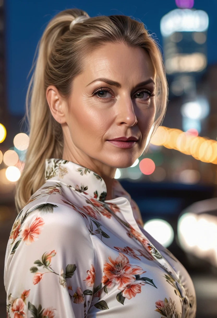 Close-up, 8K quality, realistic image of a beautiful 45 year old European woman with long blonde hair tied back in a ponytail. She had a curvy body with slightly larger breasts and was wearing a white floral patterned blouse and a short skirt. He stood in the city at night, with the soft city lights illuminating him. The background features city buildings, street lights, and a lively night scene, highlighting its calm and elegant presence in the urban environment.