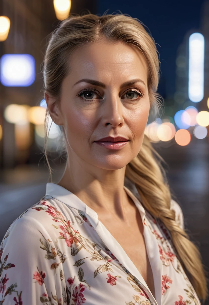 Close-up, 8K quality, realistic image of a beautiful 45 year old European woman with long blonde hair tied back in a ponytail. She had a curvy body with slightly larger breasts and was wearing a white floral patterned blouse and a short skirt. He stood in the city at night, with the soft city lights illuminating him. The background features city buildings, street lights, and a lively night scene, highlighting its calm and elegant presence in the urban environment.