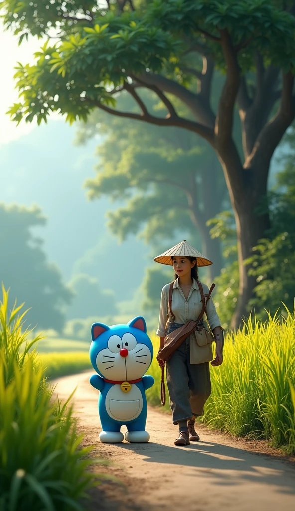 Doraemon and the Vietnamese farmer walk on the road, with 3D trees and rice plants beside them, detailed in every aspect. 