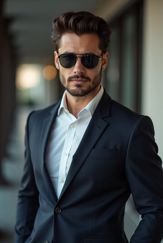 A semi-anonymous man wearing sunglasses and a suit for his Instagram profile picture