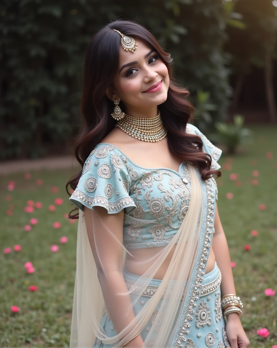 (best quality, very detailed, realistic:1.37), professional, Beautifully detailed eyes, Beautifully detailed lips, Detailed facial features, natural skin tone, perfect skin texture, Sensitive facial expressions, High resolution images, realistic face, realistic skin, normal face, smile naturally, Highly detailed hair, 20 years, (phone, beautiful indian girl), Radiate the blue bridal glamor in this exquisite Lehenga Choli adorned with intricate embroidery and opulent jewelry.. bare breasts beautiful,The high-resolution image captures very detailed realism, highlighting phone's captivating eyes, sit, expressive lips, and a beautiful face, Enhance the beauty of her bride. Soft lighting and floral decorations create a stunning image of a traditional Indian wedding and a fun celebration of love., beautiful background. Very heavy stomach, very big stomach