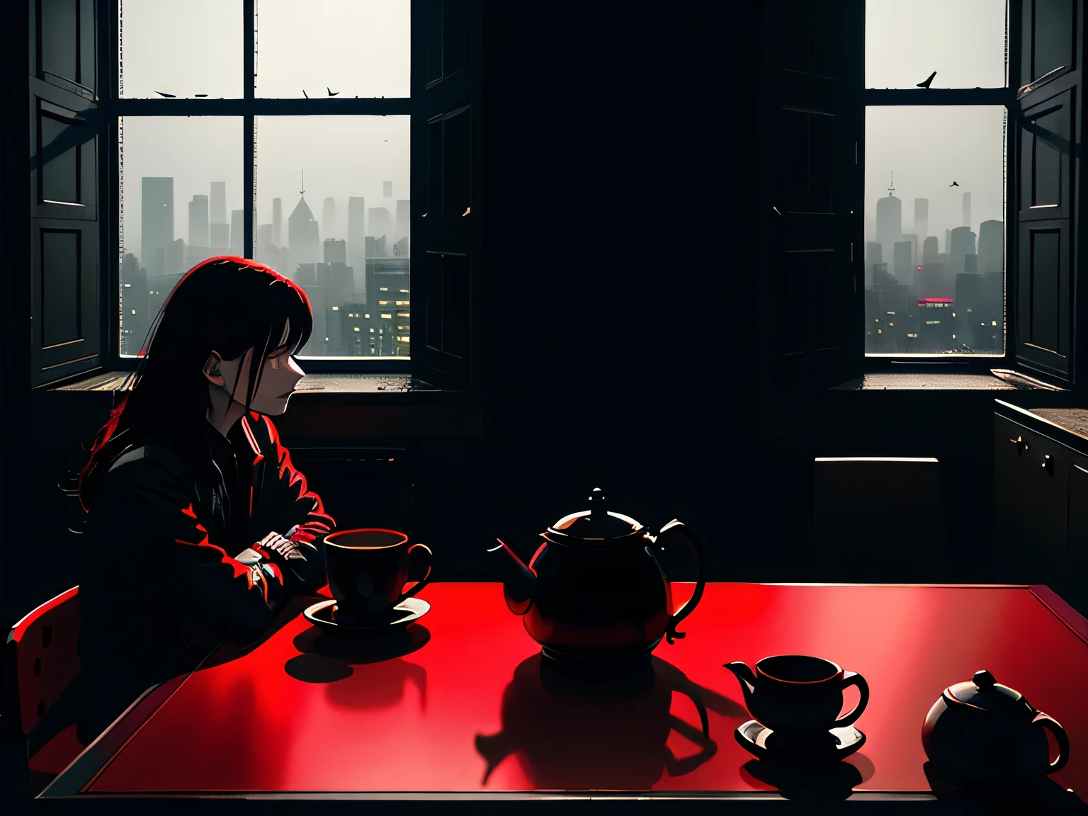 dark art, two humans in a room, sits at the table, window, cyberpunk landscape, kitchen fittings, red and black carpet, small sugar bowl, two mugs, old teapot, clean wallpapers, dark background, ((night)), dark sky, gloomy sky, highly detailed art