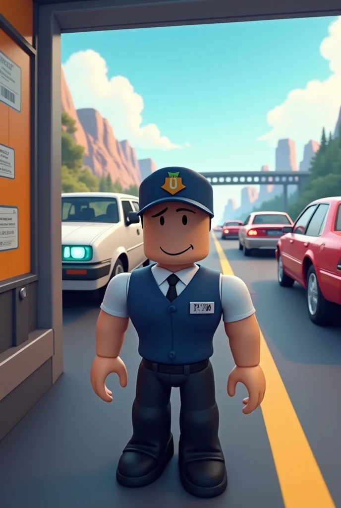 Make me an icon about a toll booth simulator and make a Roblox character working