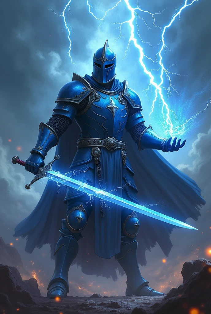 A medieval knight in blue armor with a closed blue helmet making lightning rain from the sky and striking his adversaries with his electric sword 