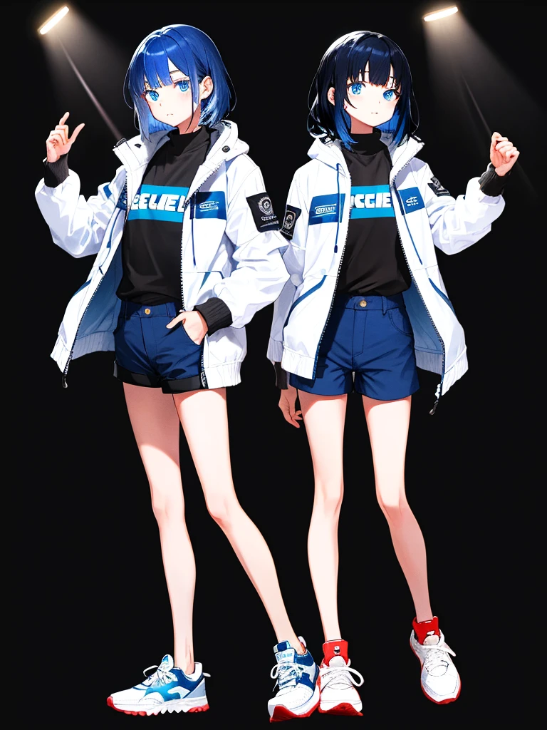 Black background with spotlight, Young face, White jacket,Medium hair, Black and blue hair,blue eyes, wore shorts、Wear sneakers