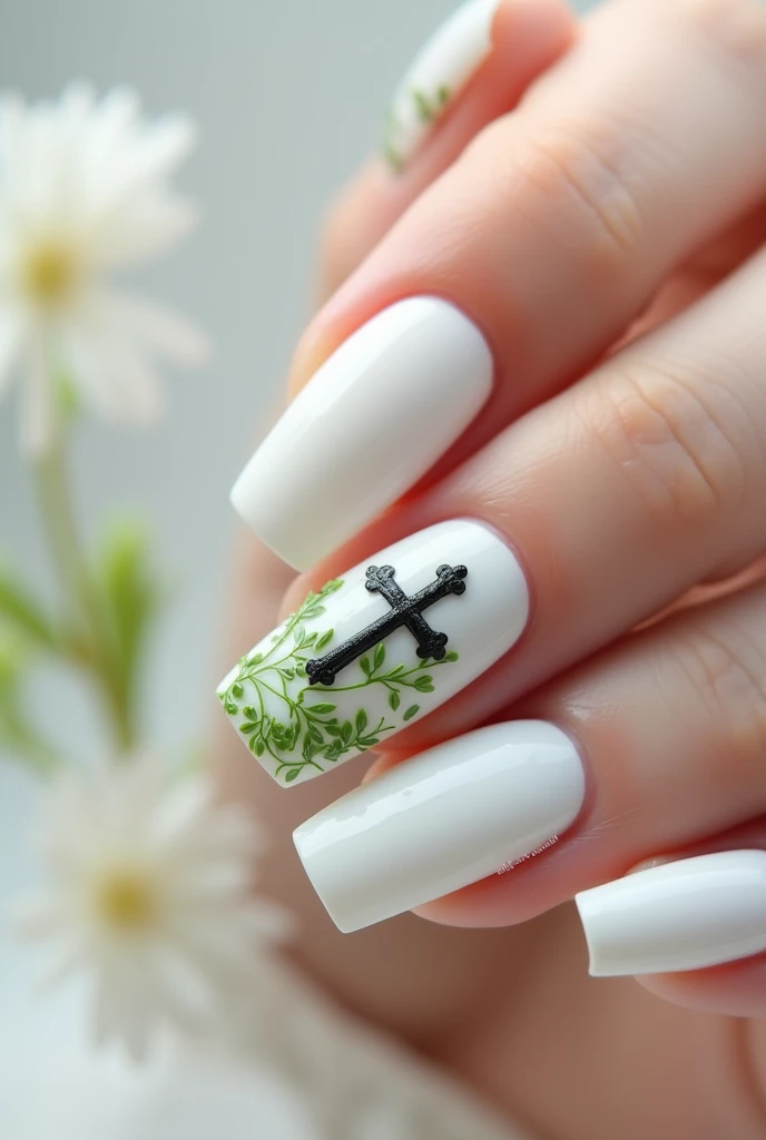 White Gel Nails. 1,5 cm. Green embellishments in the form of vines and flowers . Plant Christian cross also