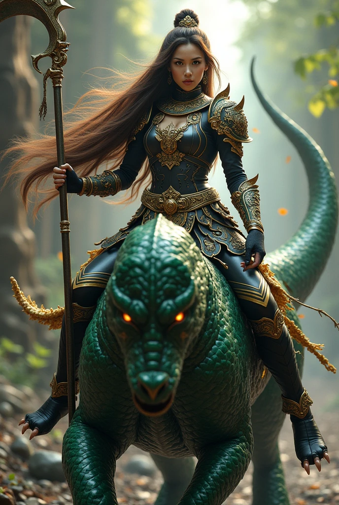 A Thai female warrior with long brown hair, wearing black and gold armor, holding a large sickle as a weapon, riding a green Thai Naga.