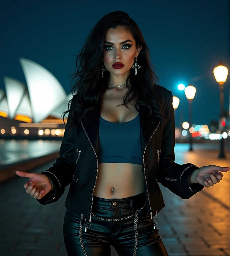 (ultra realistic) Waist length portrait, Sharp images, clear photo, hyper-detailed, photorealistic texture shot, 20 years old woman, she has very black wavy hair, she has breast size 1.3, she is dressed in metalhead style clothes (black jacket with studs, thin blue t-shirt, black pants with chains), very realistic clothing details, she has cross-shaped earrings, detailed and realistic skin with facial expressions and low porosity, lips marked with red lipstick, flirtatious look, big light green eyes, bold black eye shadows, huge eyelashes, beautiful dark green eyes, she is smiling slightly in a mysterious way, beautiful teeth, hyperrealism, very detailed, realistic photo, uhd, hdr and detailed background, flash photography, taken on an old camera, polaroid, high quality, In front of the Sydney Opera House, it is nighttime, with blue-black clouds, the background with many bright street lights very detailed and realistic background. She is making some gesture with her hands