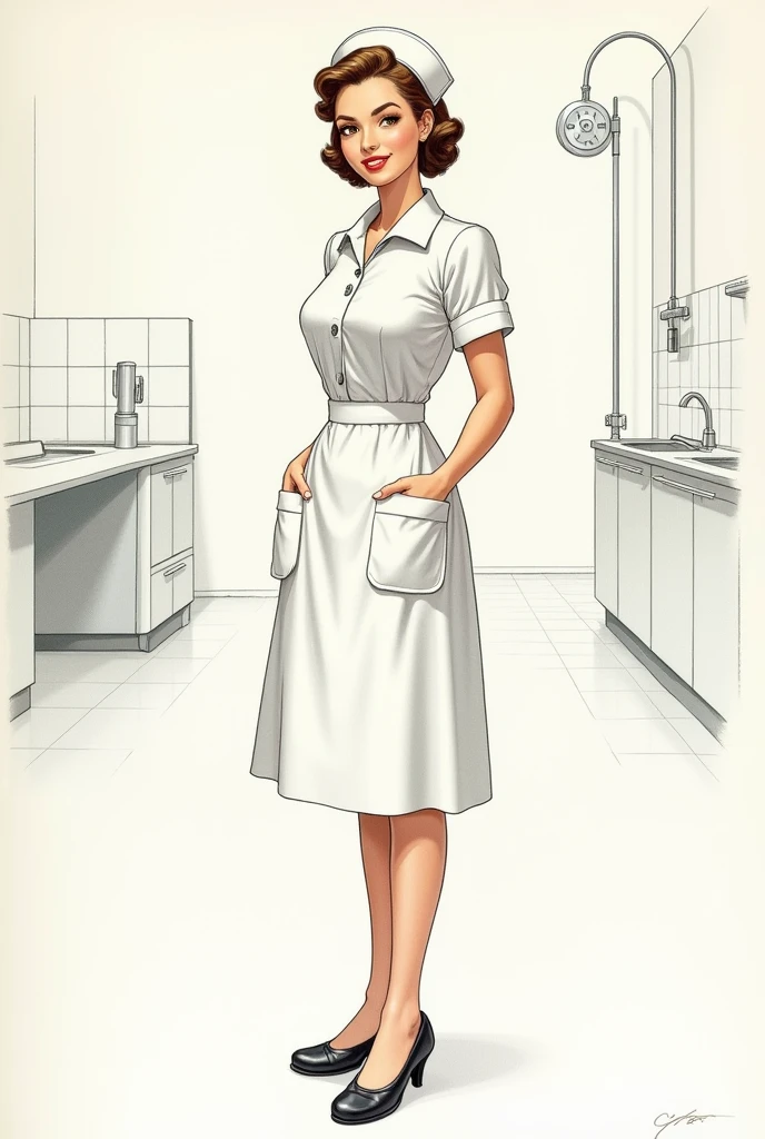 drawing of a nurse in a 1950s clinical outfit
