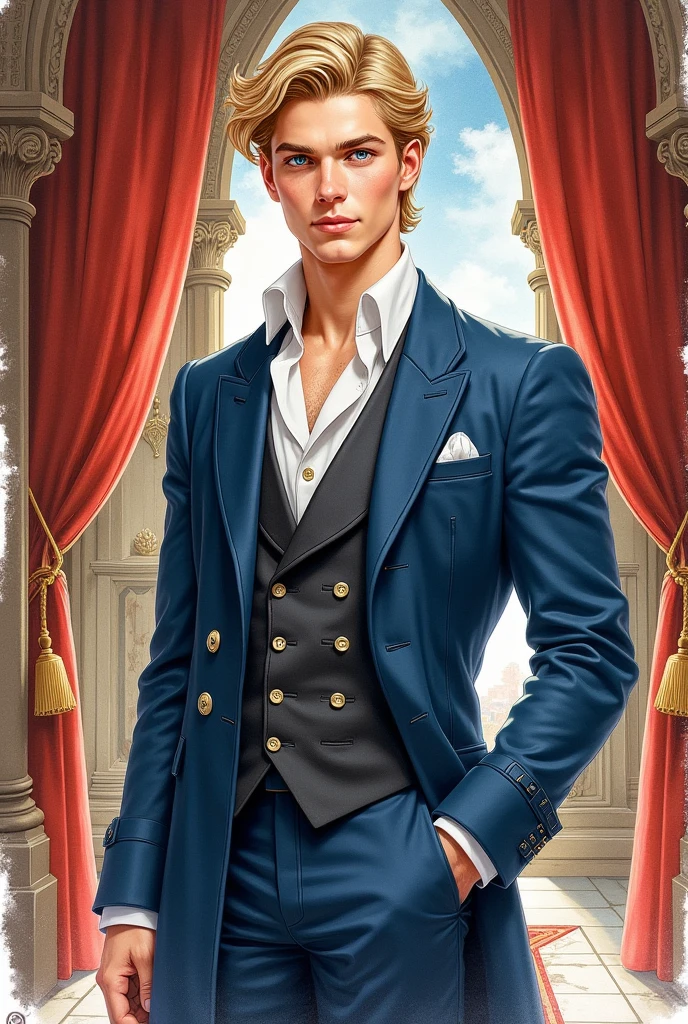 Create a realistic watercolor illustration of a 19-20-year-old young man, tall, attractive, and elegant. He has dark blonde hair and blue eyes. His skin is fair. Dorian should reflect his prince status with a carefree, charismatic attitude. He should be shown in full body, looking towards the viewer with a background that evokes a royal court or medieval castle atmosphere. Use luxurious colors and rich details in the background.