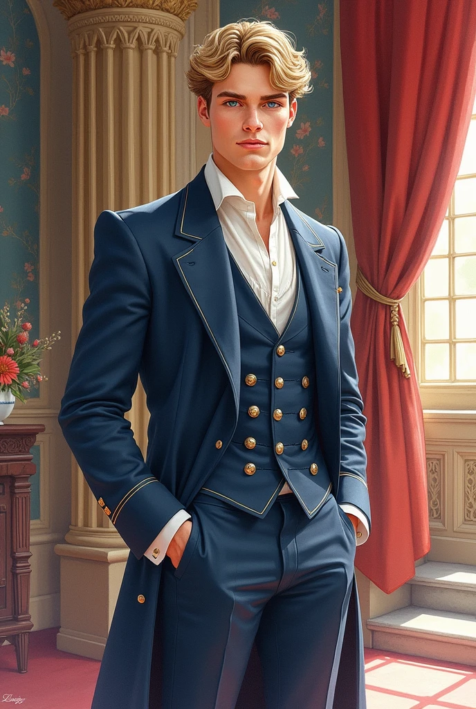 Create a realistic watercolor illustration of a 19-20-year-old young man, tall, attractive, and elegant. He has dark blonde hair and blue eyes. His skin is fair. Dorian should reflect his prince status with a carefree, charismatic attitude. He should be shown in full body, looking towards the viewer with a background that evokes a royal court or medieval castle atmosphere. Use luxurious colors and rich details in the background.