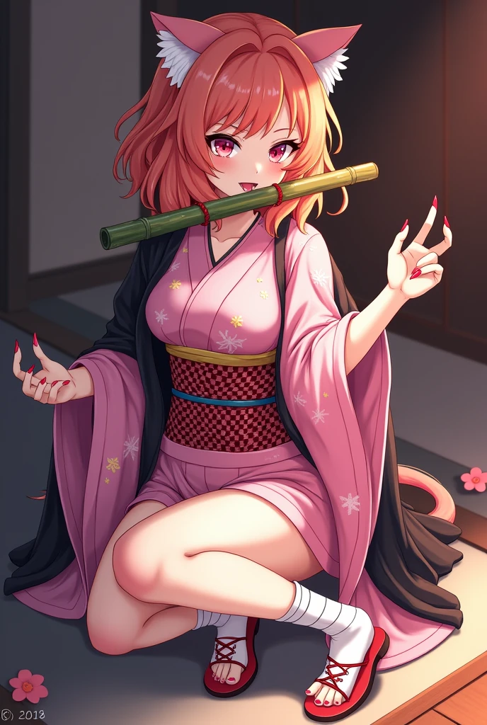 It consists of a pink kimono embroidered with star-shaped patterns and its obi is red and white in the form of checkered patterns as well as wearing a black Haori.. Her footwear consists of pink lace-up zori sandals., white tabi style socks and black wraps to protect their legs. Her hair remains loose with flattened extensions, wavy and thin with a gradient shade of orange at the tips, more pronounced fangs, elongated pink nails and her eyes changed to a bright pink color with her pupils similar to those of a cat, Nezuko wears a piece of bamboo tied to her mouth with a red cord as a form of gag (He is a demon and he is a character from Demon Slayer)