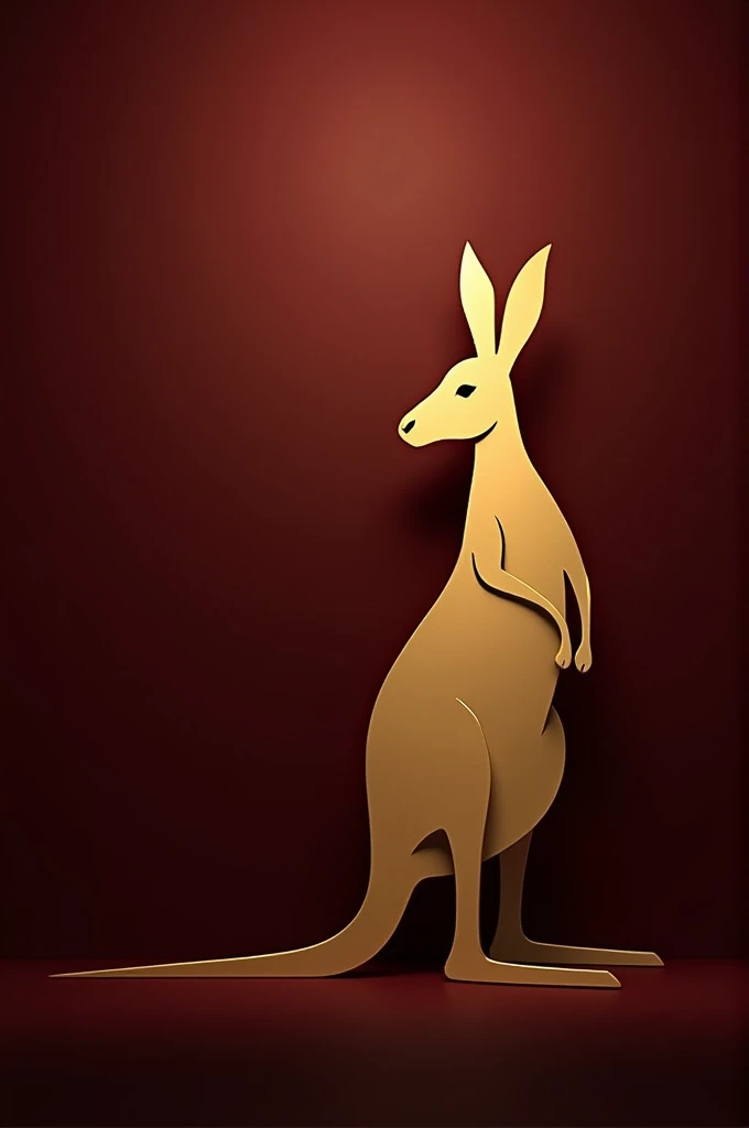 Silhouette of a golden kangaroo, with the shadow of a shield on a wine-colored background.