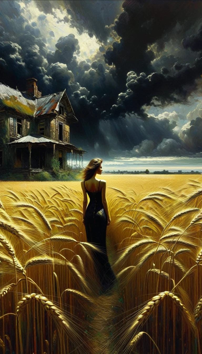 a wheat field, dark clouds, an abandoned house, a sexy woman standing in the middle of the scene in the distance,art inspired by Wadim Kashin, Intricate Details, Oil
