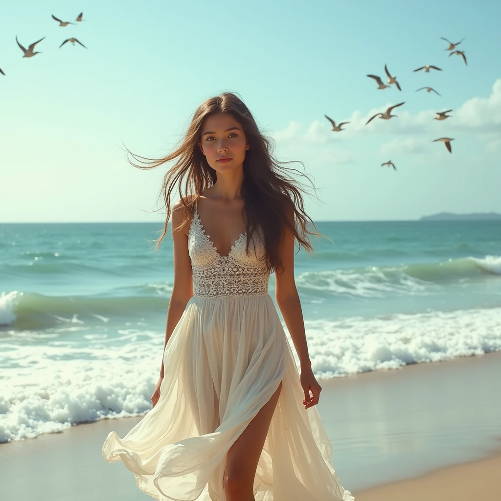 Beautiful girl with wavy long hair, bohemian dress, sea, walking ,wide angle, birds flying (high-quality) ( 4k)