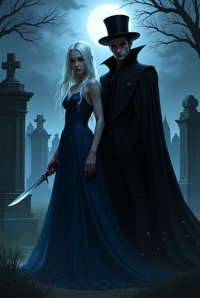 Create an image of a couple in the cemetery at night. The woman in a dark blue dress, holding a dagger, with platinum hair and the man with elegant and noble, with black clothes, long black hair, thin face, white and tall, with a cape and a black hat