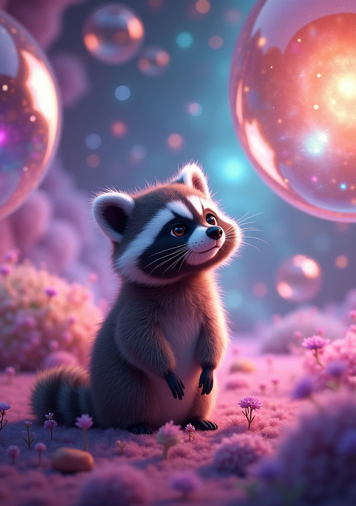 A captivating and vibrant 3D render of a cute, extra fluffy baby raccoon, gazing curiously into the distance. The multiverse concept is beautifully depicted with colorful bubbles, each representing a parallel universe. Within each bubble, a unique and vivid galaxy is revealed, showcasing a myriad of colorful star systems. The background is a dazzling kaleidoscope of bright hues, creating an ethereal and immersive atmosphere. This stunning masterpiece is presented in 8K, HD, and HDR quality, offering a truly mesmerizing experience., 3d render, photo, conceptual art, vibrant