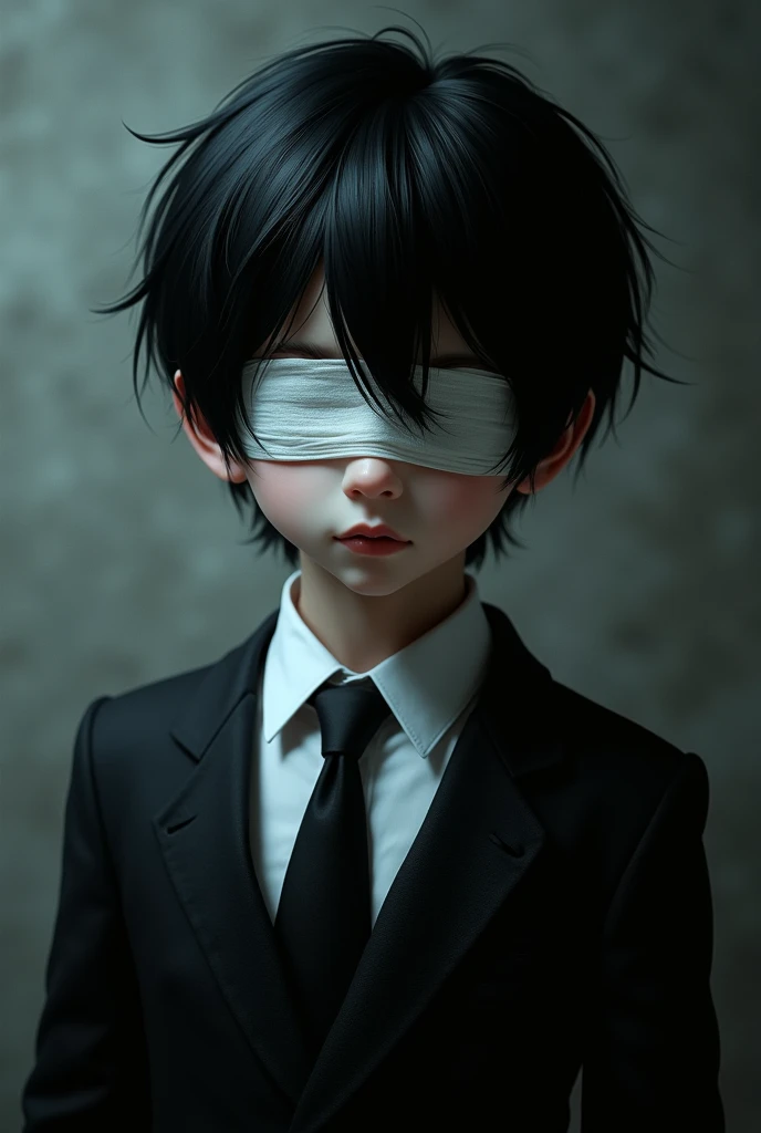 demon boy,short black hair,he has bandages covering his eyes,He wears a formal suit