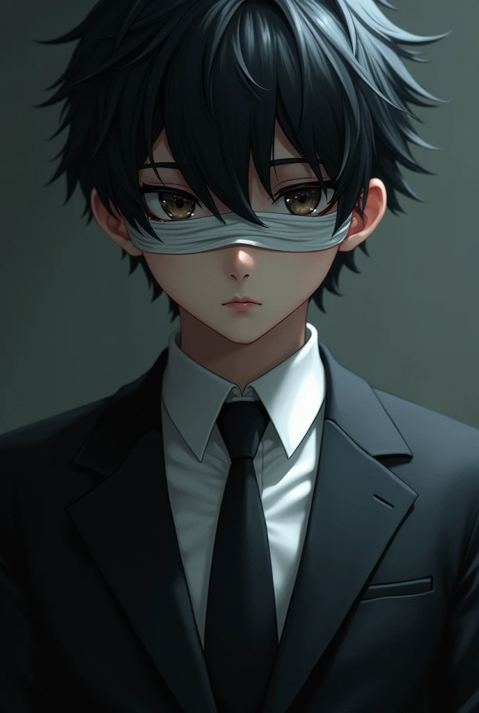 demon boy,short black hair,he has bandages covering his eyes,He wears a formal suit