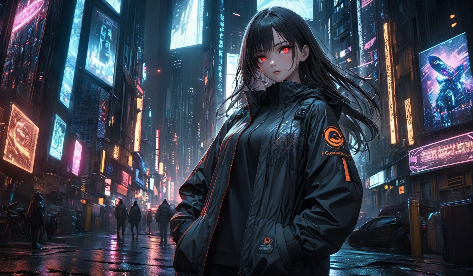 monochorome, depth of field, 16k resolution, cinematic background, extreme detailed, ultra-realism, Detailed and intricate texture, cyberpunk, photorealistic background, Detailed and clear depiction, Cinematic lighting effects, ((The scene is a very dark night, night, dark, dim)), The scene is densely filled with skyscrapers, neon arts background, BREAK (masterpiece, best quality), detailed and realistic skin texture, Detailed and intricate brushwork, A girl is standing among skyscrapers, very detailed eyes, 1girl, solo, red eyes, (glowing eyes), beautiful girl, long hair, windbreaker jacket, hands in pockets, looking at viewer, upper body