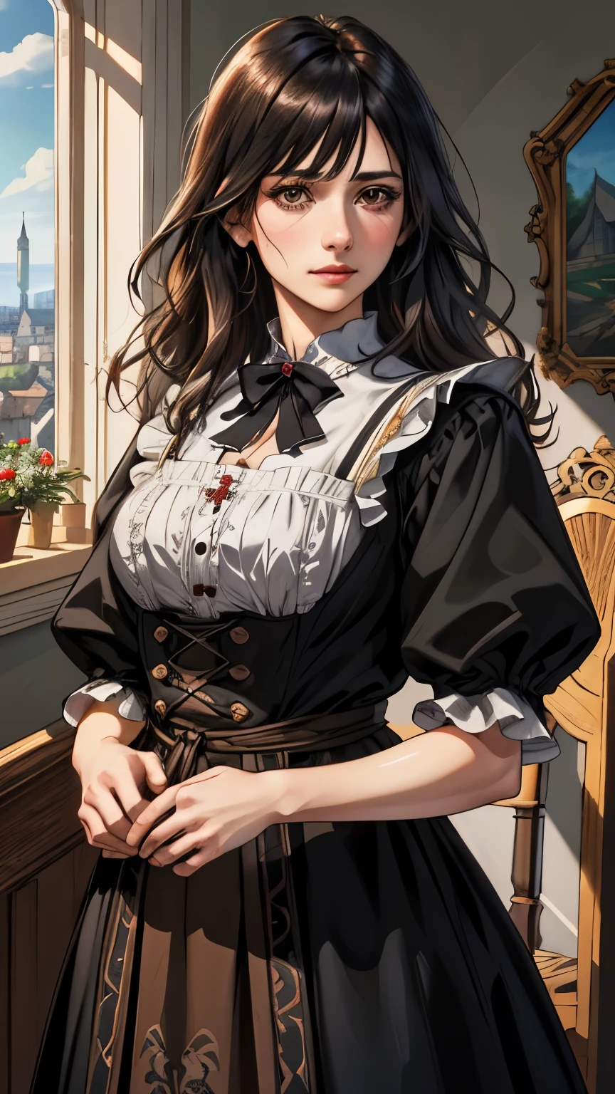 (extremely detailed CG unity 4k wallpaper),(masterpiece),(best quality),(ultra-detailed),(best illustration),(best shadow),(absurdres),(Detailed background), German woman, Long Straight black hair, Brown eyes, neutral expression, 1870 German castle, Peasant dress,