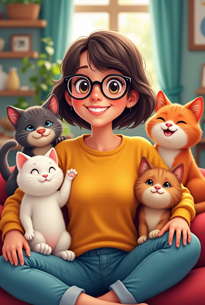 a chubby girl, with short dark hair. What is white and wears glasses, works as a Graphic Designer and has three kittens, one white, an orange cat and a tabby and a caramel dog