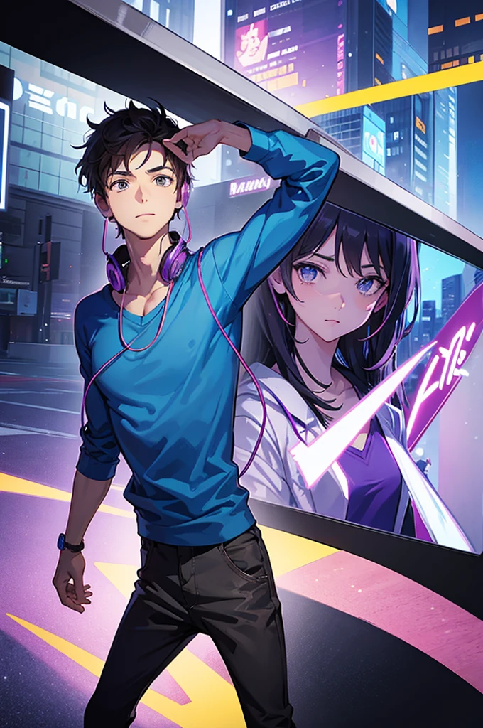 cartoon illustration of a man in a purple shirt with blue and with headphones standing in a city, official art, epic art style, official fanart, highly detailed official art, official illustration, official concept art, #pixelart:3, style supernatural art, official fan art, detailed fanart, unknown art style, official rendering, official character art, game art!!, background art, official hdr art