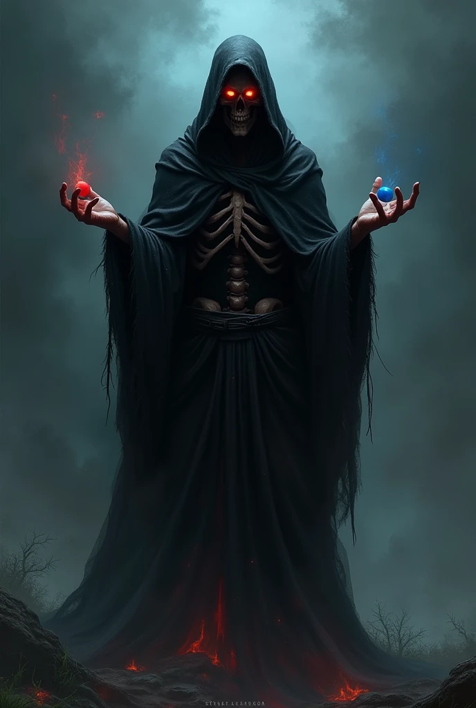 dark reaper with one small blue pill in his left hand, and a small red pill one in his right hand, on a dark and scared background, now make more darkness, more, dakness pls, small pills