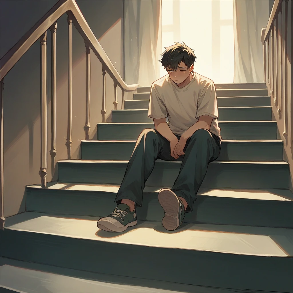 A sad boy sitting on stairs while his girlfriend left him because ue didn't marry him due to his parents restrictions