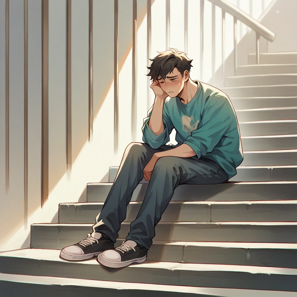 A sad boy sitting on stairs while his girlfriend left him because ue didn't marry him due to his parents restrictions 