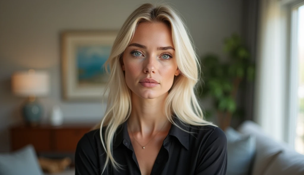 Real professional photography of a beautiful young adult woman, aged 35, with herself as the main subject. She should have fair, almost pale skin with a slight blush on her cheeks, long, straight platinum blonde hair and bright, expressive blue eyes that convey friendliness. Her lips should be pink and slightly defined. The woman should be looking directly at the camera, with a serious and thoughtful expression. She is wearing a black blouse, made of fine, elegant fabric, which contrasts with her hair and fair skin. The lighting should be natural, soft and external from the side, evenly illuminating the woman's face and creating subtle shadows, detailing the angles of the woman's face. The background should be blurred to suggest the living room of a house, adding depth to the image. Items such as a sofa, armchair, paintings on the wall, a potted plant, a lamp lit in a bokeh effect and whatever else makes up the living room of a house should be present, but blurred so as not to distract the woman's attention. Use a warm, natural color palette. The photograph should capture extreme detail, with a high-quality rendering in 8k, with professional photographic quality. The image must be high resolution with attention to detail and realism.