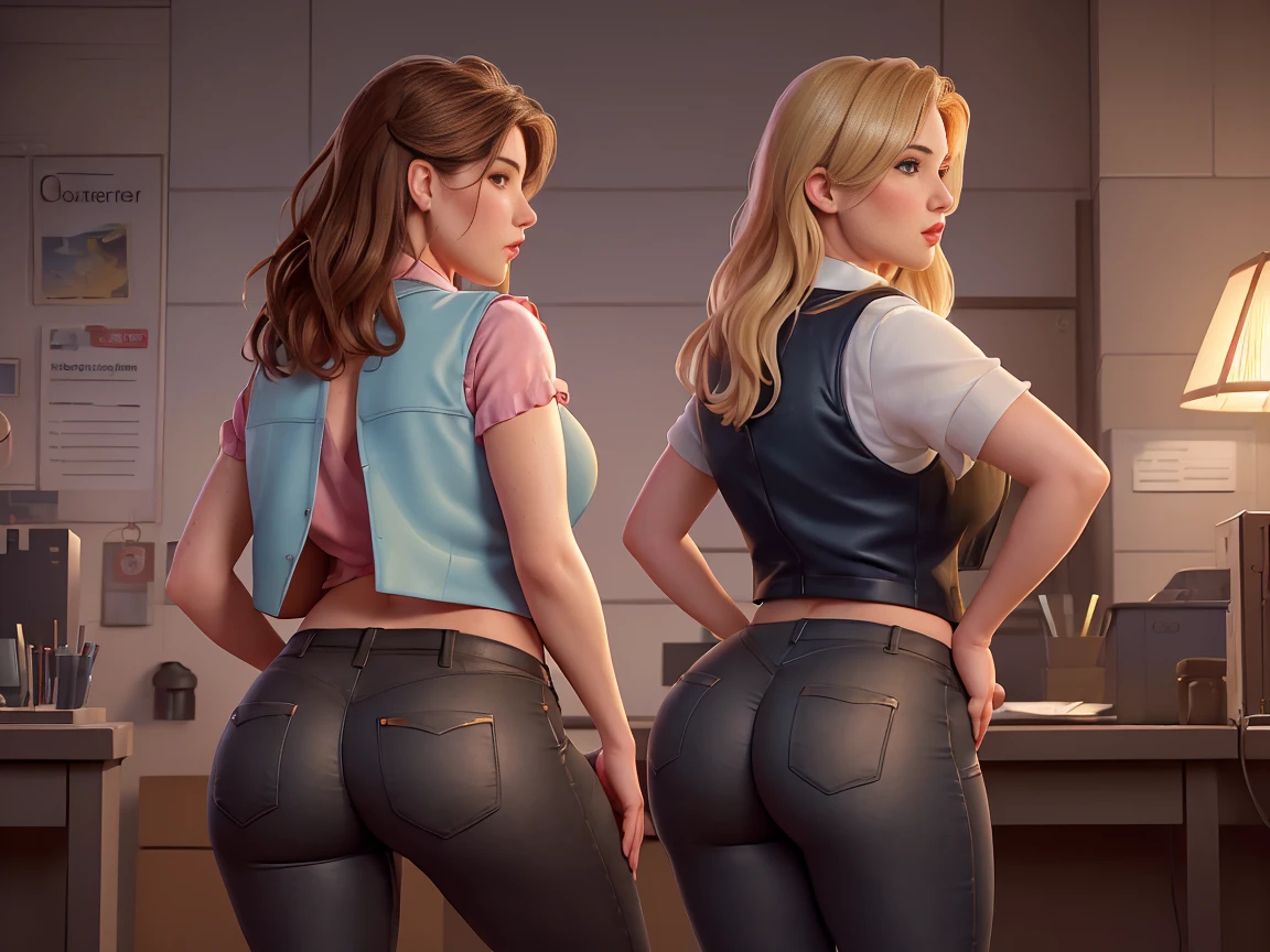 beautiful German women, rubio, (((Two secretaries kiss))),realistic photo, hermosa y busty, (leaning against the wall, The blouse is unbuttoned, Round and wet breasts, Rubio hair, Horse tail, by the wide, neckline, silly lips, Red lips,((wear a sexy vest:1.2)), ((blouse:1.2)),hug each other, ((unbuttoned pants:1.2)), ((Perfect natural breasts), (giant chest:1.2), big breasts, busty, giant hips, thick, long legs, muslos thicks, clear skin, rosy cheeks, ((On knees, completely open),Office , perspiration,Porcelain skin, Photorealisticc, Photo, masterpiece, realist, Realism, Photo realism, high contrast, the trend of Photorealisticc digital art on Artstation 8k HD High Definition, detailed, realistic, detailed, skin texture, Hyperdetail, realisticc skin texture, Best Quality, extra high resolution, (Photorealisticc: 1.4), High resolution, detailed, RAW Photo, sharp fire, by lee jeffries nikon d850 film stock Photography 4 camera kodak portra 400 lens f1.6 rich colors, hyper realisticc texture, dramatic lighting, UnrealEngine trend on Artstation Cinestill 800,Lucy Pinder ((((take it from behind))))