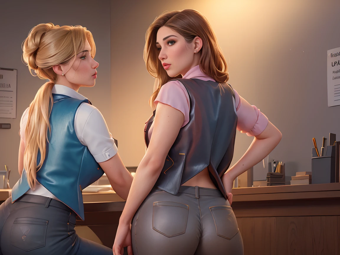beautiful German women, rubio, (((Two secretaries kiss))),realistic photo, hermosa y busty, (leaning against the wall, The blouse is unbuttoned, Round and wet breasts, Rubio hair, Horse tail, by the wide, neckline, silly lips, Red lips,((wear a sexy vest:1.2)), ((blouse:1.2)),hug each other, ((unbuttoned pants:1.2)), ((Perfect natural breasts), (giant chest:1.2), big breasts, busty, giant hips, thick, long legs, muslos thicks, clear skin, rosy cheeks, ((On knees, completely open),Office , perspiration,Porcelain skin, Photorealisticc, Photo, masterpiece, realist, Realism, Photo realism, high contrast, the trend of Photorealisticc digital art on Artstation 8k HD High Definition, detailed, realistic, detailed, skin texture, Hyperdetail, realisticc skin texture, Best Quality, extra high resolution, (Photorealisticc: 1.4), High resolution, detailed, RAW Photo, sharp fire, by lee jeffries nikon d850 film stock Photography 4 camera kodak portra 400 lens f1.6 rich colors, hyper realisticc texture, dramatic lighting, UnrealEngine trend on Artstation Cinestill 800,Lucy Pinder ((((take it from behind))))
