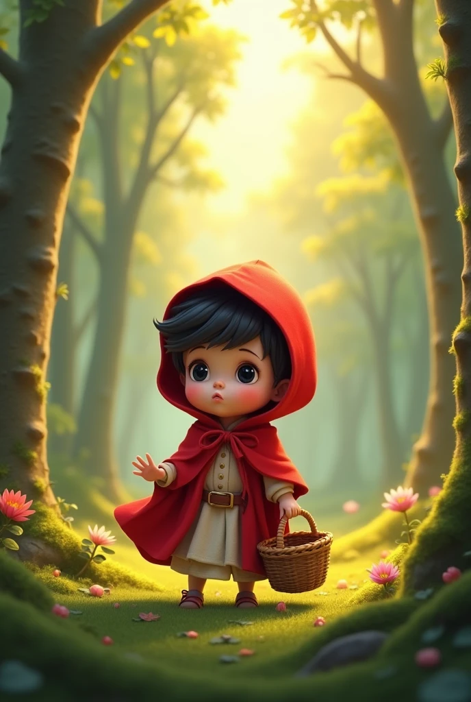  baby dressed as Little Red Riding Hood, white skin color with short black hair, black eyes Animated for printing