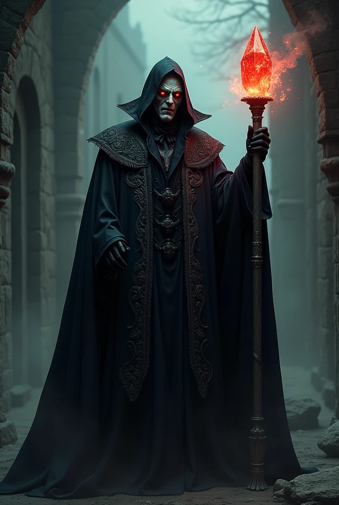 A dark and menacing vampire sorcerer male standing, wearing a long, flowing black cloak with intricate silver patterns. His face is pale with sharp features, glowing red eyes. He holds an ancient staff topped with a glowing crystal, surrounded by swirling magical energy. His cloak billows dramatically, and the background is dimly lit with hints of old stone architecture and mist, adding to the eerie atmosphere.