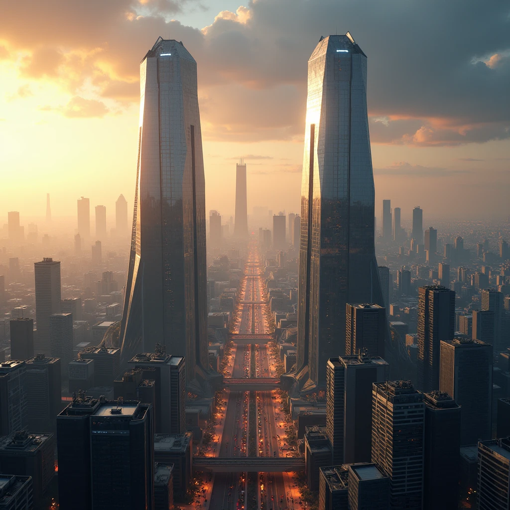 Two futuristic towers made of gleaming steel in the middle of a city with the skyline and sun to the left of the image 