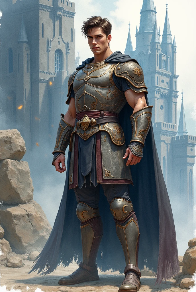 Create a realistic watercolor illustration of a 22-23-year-old man, tall and muscular. He has dark brown, short hair and brown eyes, with fair skin. Chaol should have an imposing presence, reflecting his role as a captain of the guard. He should be depicted in full body, with a pose that shows his military discipline. The background should feature a medieval crystal castle, with epic fantasy details and an atmospheric setting.