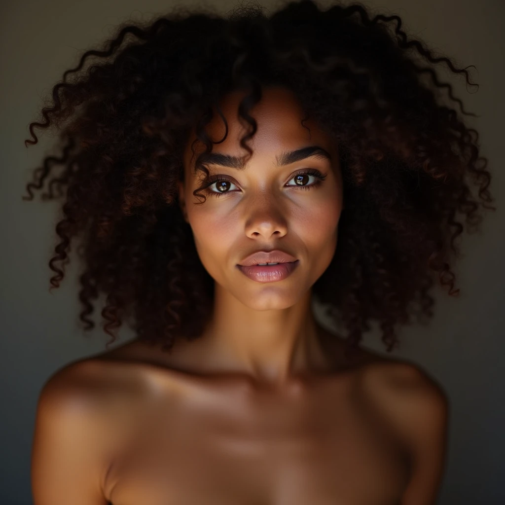 Natural photography of a beautiful black girl, nude, se pencher, cheveux longs et fluides, Grand buste, locks eyes in the camera, eyes symmetrical, symmetrical face, photoreallistic, photographie, Path layout, specular lighting, Volumetric facial light, Hair path, Ombres visibles, complexe, elaborate