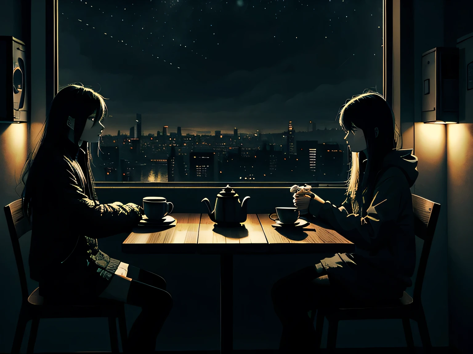 dark art, two humans in a room, sits at the table, window, cyberpunk landscape, kitchen fittings, small sugar bowl, two mugs, old teapot, clean wallpapers, dark background, ((night)), (dark sky), (gloomy sky), highly detailed art