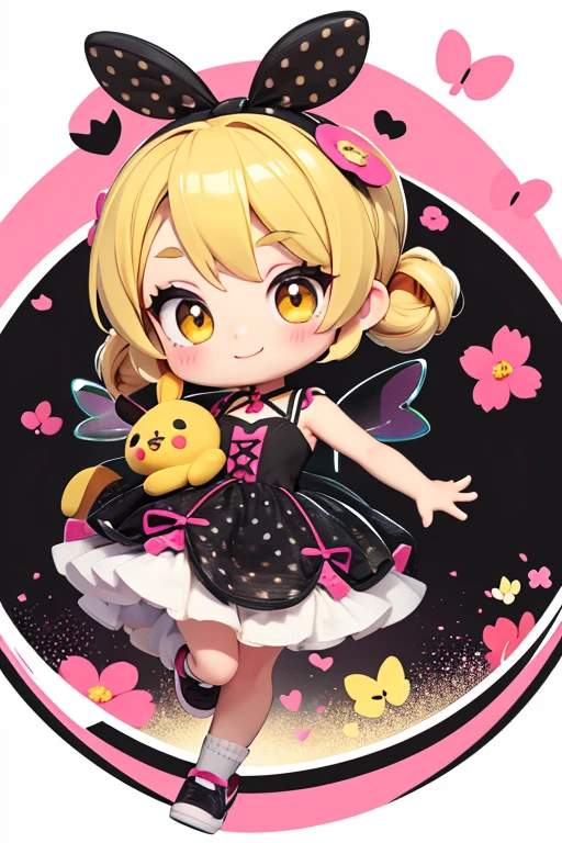 a chibi girl in a ballerina costume, cute makeup, straight blonde hair tied in a bow, there are black polka dots on the print of the dress, he is armed, the sneakers are black, ladybug wings, she is holding a beautiful black bunny plush in the background, a park full of flowers, your smile is yellow and contagious, your eyes are vivid black
