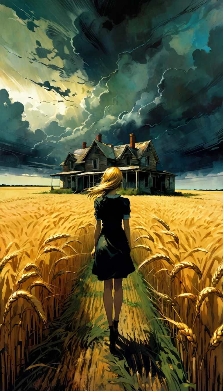 a wheat field, dark clouds, an abandoned house, a sexy woman standing in the middle of the scene in the distance,a art inspired by Bill Sienkiewicz and Dave McKean