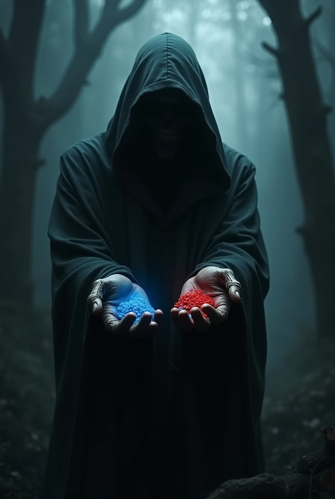 dark reaper with one small blue pill in his left hand, and a small red pill one in his right hand, on a dark and scared background, now make more darkness, more, dakness pls, small pills, more darkness