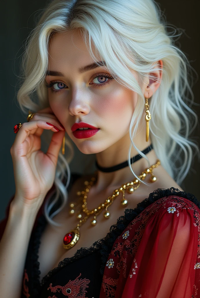 Alicia Agneson with platinum blonde hair, Asirian features, wavy fur, intense violet or purple eyes, wearing a red and black dress, with dragon embroideries, expensive and beautiful golden jewelry, platinum eyebrows, ruby rings, a thin body, but with a good bust and rear.