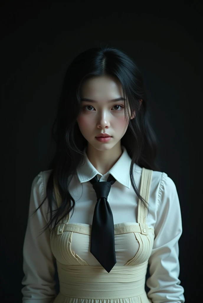 ((masterpiece, Highest quality)), (1 person), (Lonely), (woman&#39;Focus of), night,(Extremely rich facial detail, Real image, Realistic white skin, Realistic body, Intricate details), Upper Body, Severe , Brown eyes, Looking at the audience, bandage over the body, Black Hair, Long sleeve shirt, Apron dress, Black tie, bandage, bandage, Small breasts