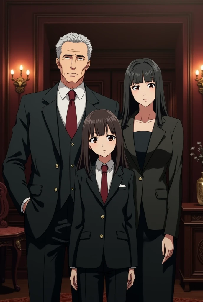 Anime style, mafia, family, mother, father, adult daughter, timid, black hair