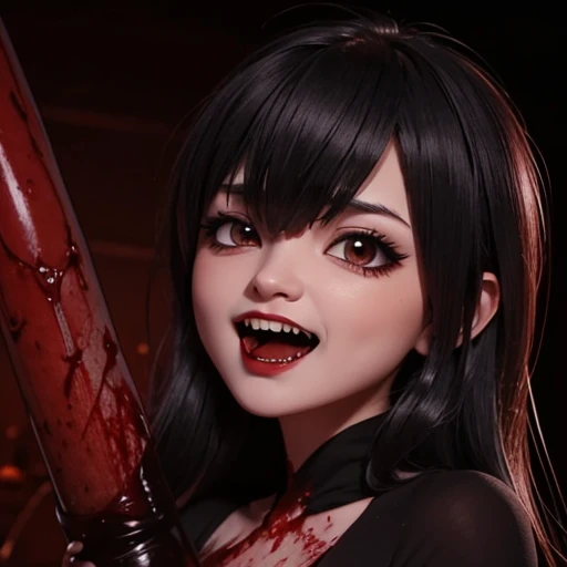 vampire showing long fangs,blood , fangs extended 