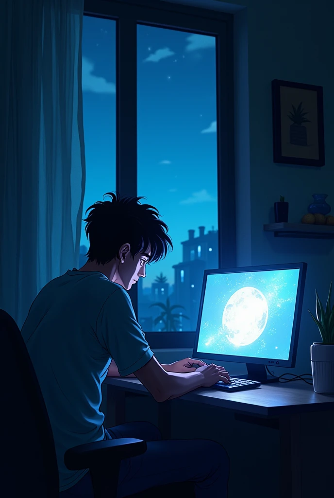 Create a anime type landscape image. In the heart of the shady room, a black-haired Indian male, bathed in the dark, is huddled over a glowing computer screen. The window, the only source of light, reveals the midnight sky, its opalescent glow accentuating the toon-inspired room, making it eerily alive. The Indian male, busy with his work, oblivious to the surrounding darkness, brings the room to life with his every click, his actions illuminating the anime style of the scene with bursts of graphic novel-esque energy. 4k, High quality, 4k quality, better quality, UHD, ultra high quality.