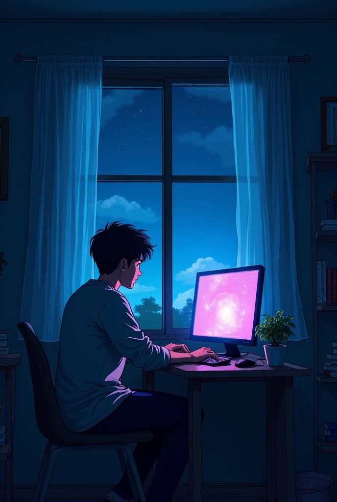 Create a anime type landscape image. In the heart of the shady room, a black-haired Indian male, bathed in the dark, is huddled over a glowing computer screen. The window, the only source of light, reveals the midnight sky, its opalescent glow accentuating the toon-inspired room, making it eerily alive. The Indian male, busy with his work, oblivious to the surrounding darkness, brings the room to life with his every click, his actions illuminating the anime style of the scene with bursts of graphic novel-esque energy. 4k, High quality, 4k quality, better quality, UHD, ultra high quality.
