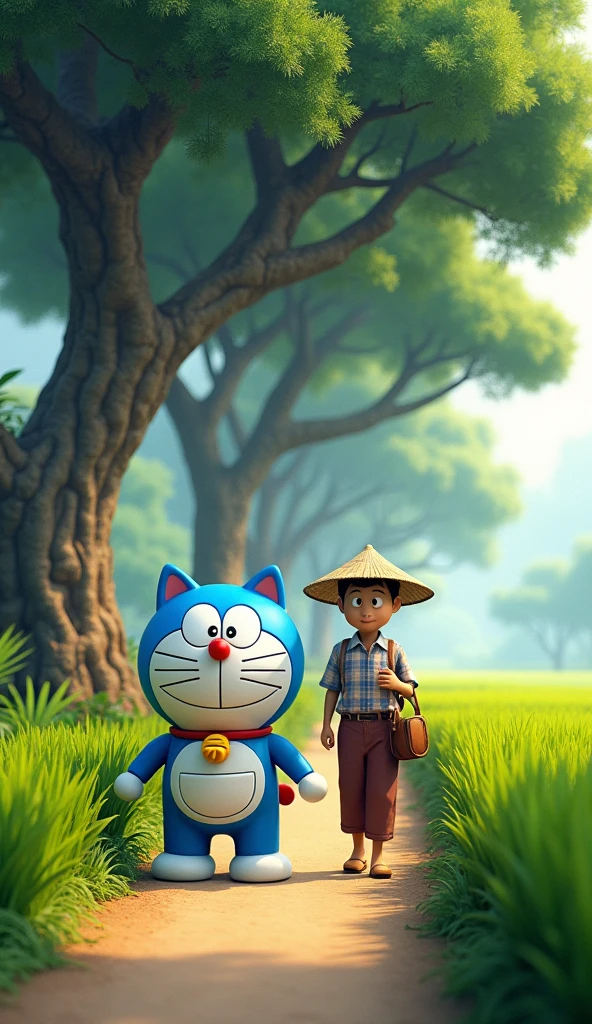 Doraemon and the Vietnamese farmer walk on the road, with 3D trees and rice plants beside them, detailed in every aspect. 