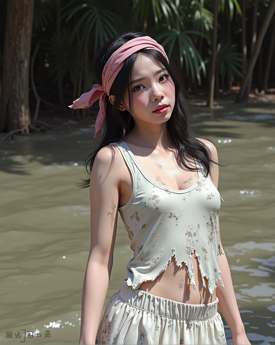 typhoon, photorealistic full-body portrait. Surprisingly cute malay woman with torn pink pastel shawl style turban crying against dreamy jungle and muddy ground background, Clear white skin, Damp and muddy, There are scratches everywhere, Dirty face，Torn dirty bandana, Barefoot without underwear, torn and tattered tank top, Pleated skirt, White skin, chest, Thighs, Smooth skin, Fear and despair, An expression of despair, Isometric details, Surprisingly realistic pictures, 8K high quality medium dark illumination, High detail, Detail Eye, Detal Face, Remove all clothes